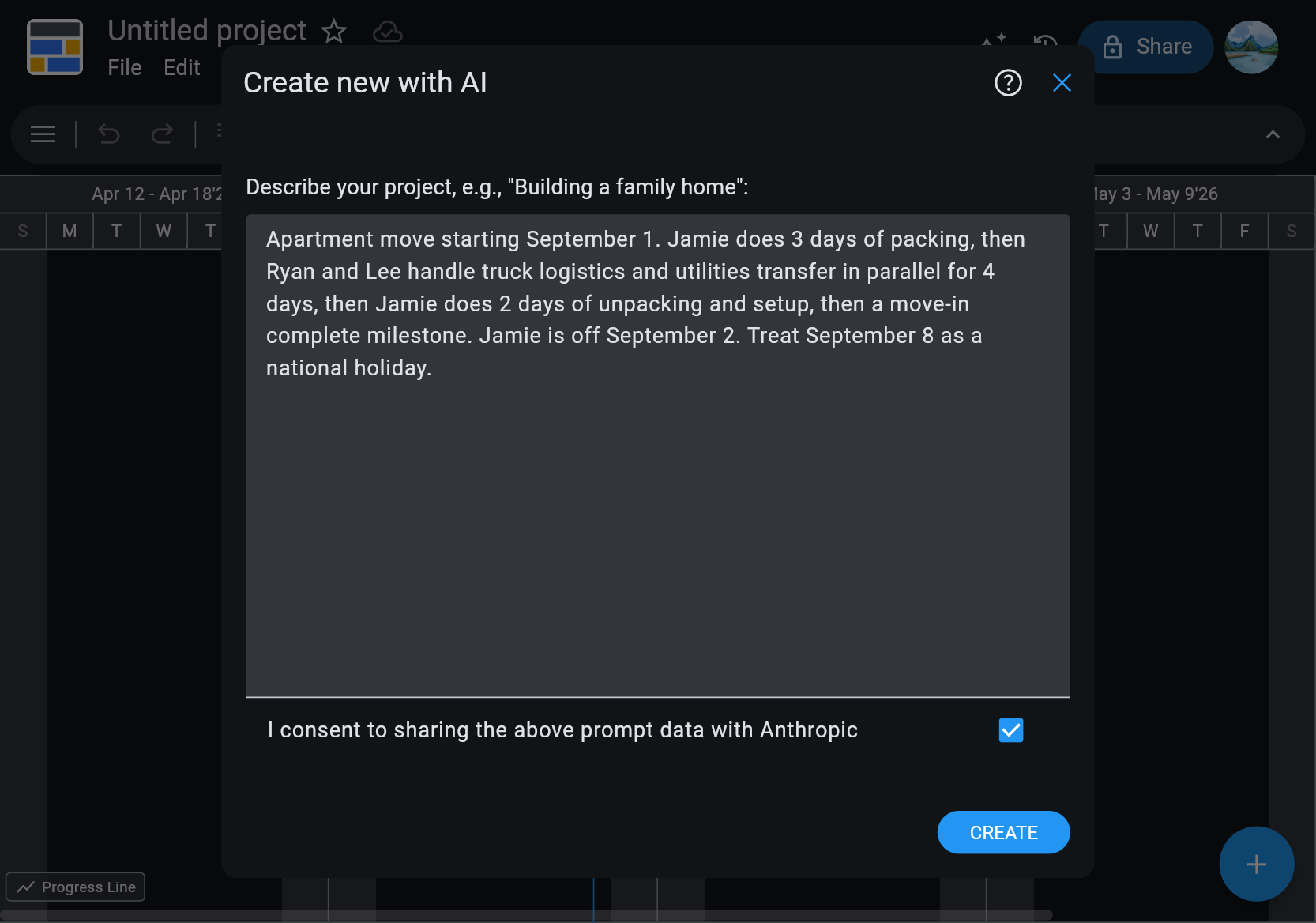Create with AI - Getting Started - Ingantt for Web - Help